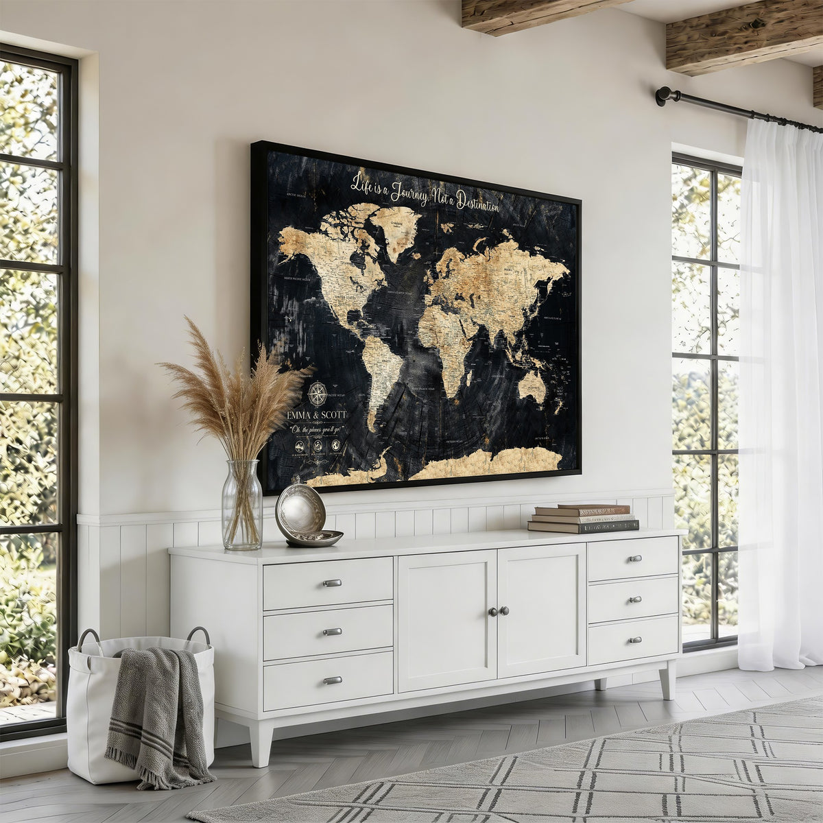 77472096-MGV-CV-36X24 - Custom Black Modern Push Pin World Map Wall Art, Next Trip Planner Map, Home Office and Entryway Decor