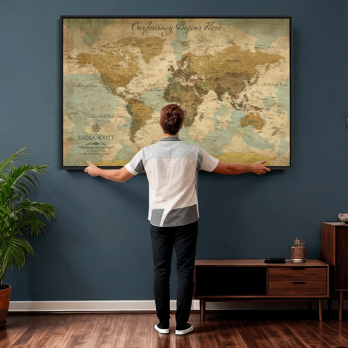 66550749-MGV-CV-36X24 - Custom Push Pin World Map Wall Art Canvas Print | Personalized Travel Tracker with Pins Framed Large for Home and Office Decor