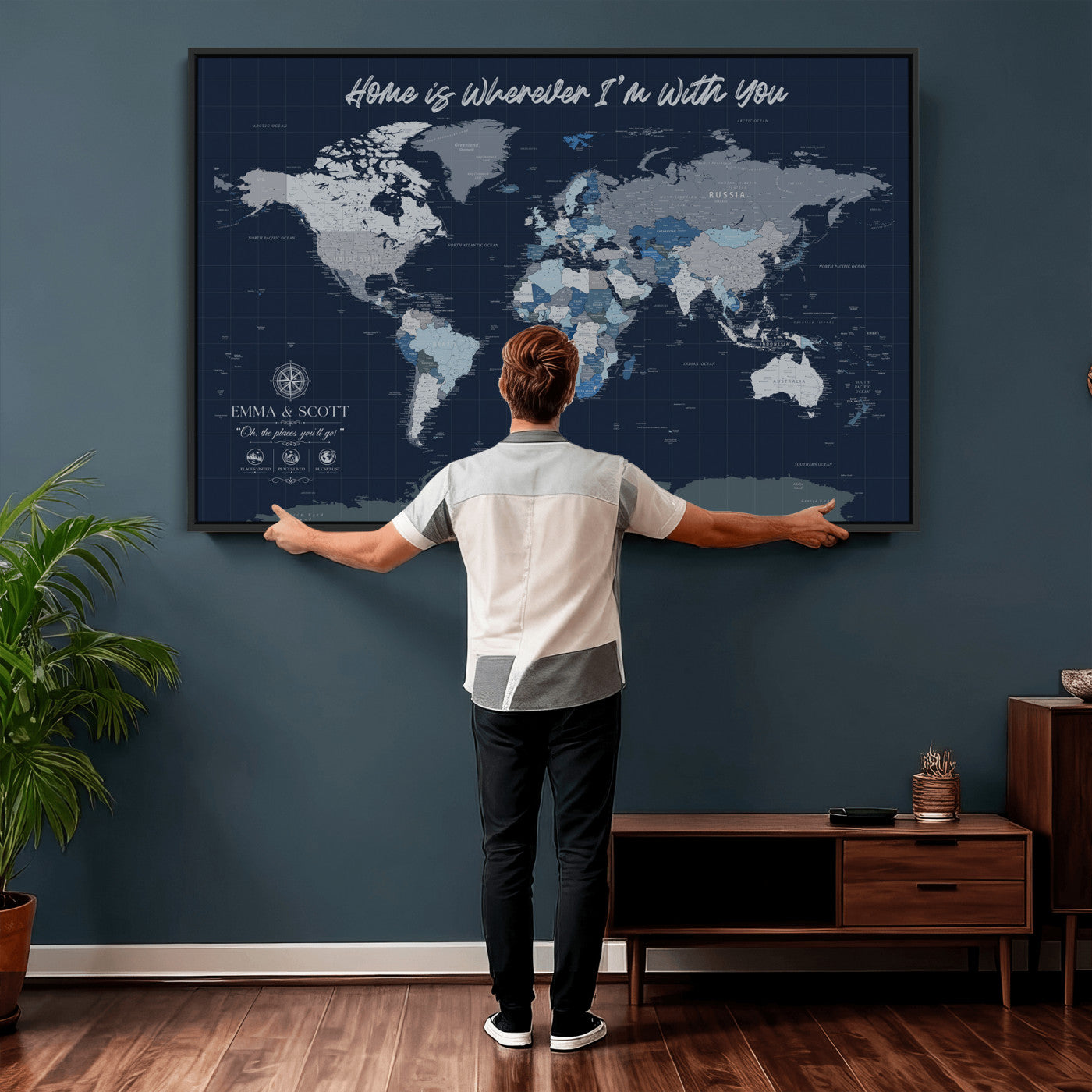 NEWMAP-18-MGV-CV-36X24 - Custom Push Pin World Map Wall Art Canvas Print – Personalized Travel Tracker with Pins Framed Large Print - NEWMAP-18