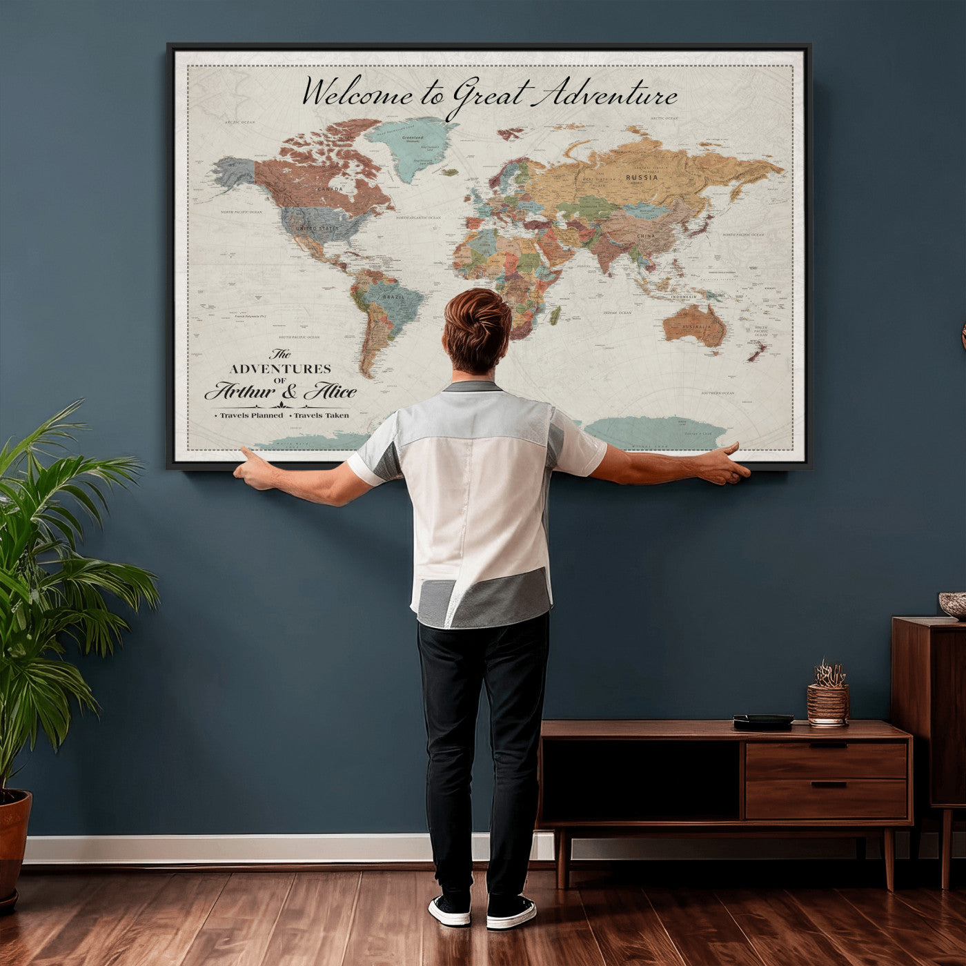 32470528-MGV-CV-36X24 - Custom Push Pin World Map Wall Art Canvas Print – Personalized Travel Tracker with Pins Framed Large for Home and Office Decor