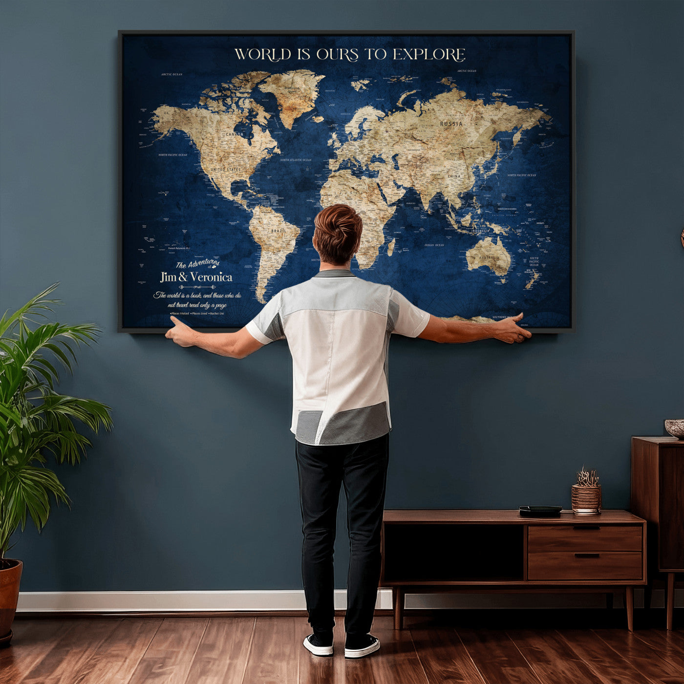 35296308-MGV-CV-36X24 - Custom Push Pin World Map Wall Art Canvas Print – Personalized Travel Tracker with Pins Framed Large for Home and Office Decor
