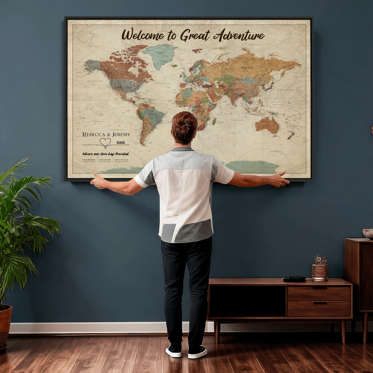 44361524-MGV-CV-36X24 - Custom Push Pin World Map Wall Art Canvas Print | Personalized Travel Tracker with Pins Framed Large for Home and Office Decor