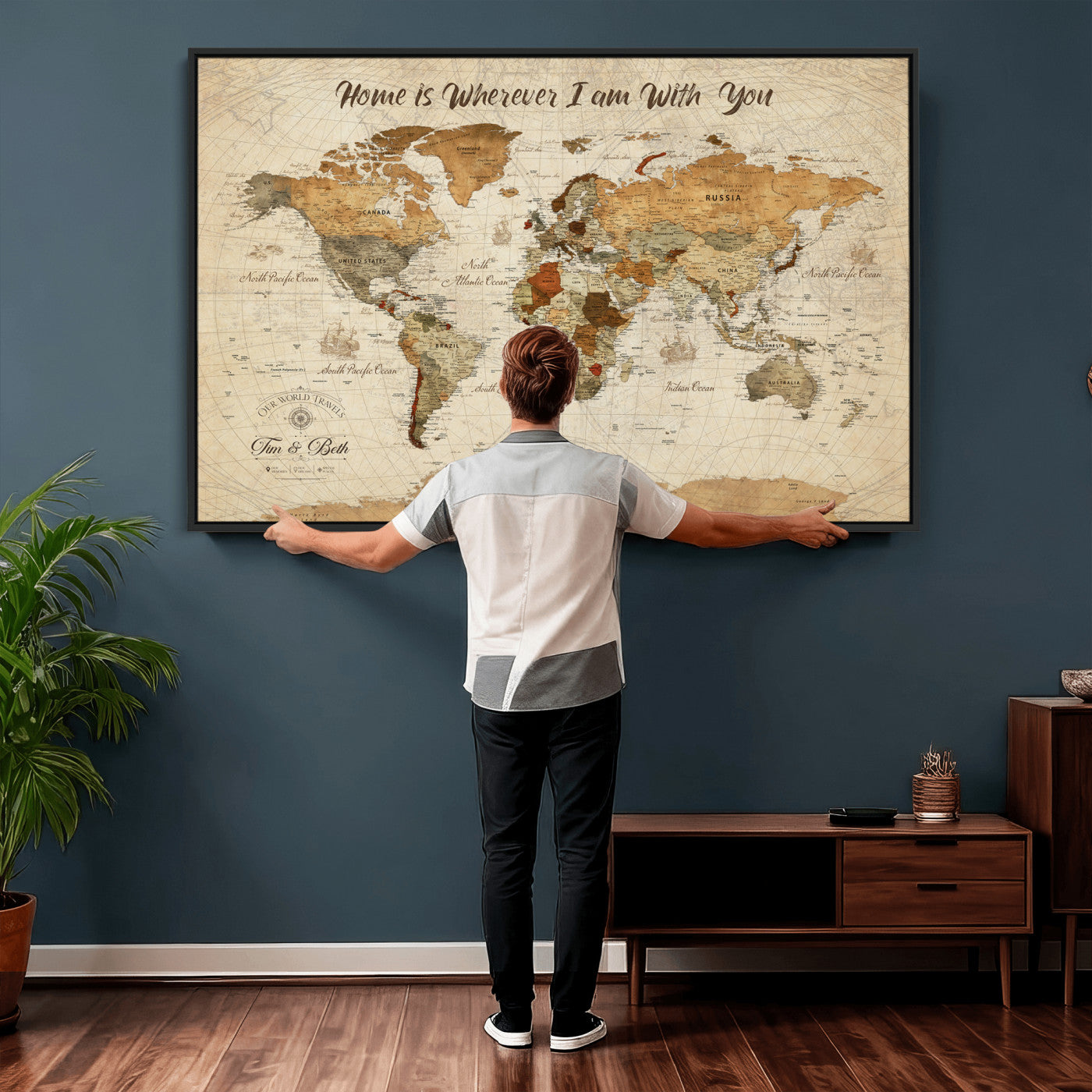 53710338-MGV-CV-36X24 - Custom Push Pin World Map Wall Art Canvas Print – Personalized Travel Tracker with Pins Framed Large for Home and Office Decor