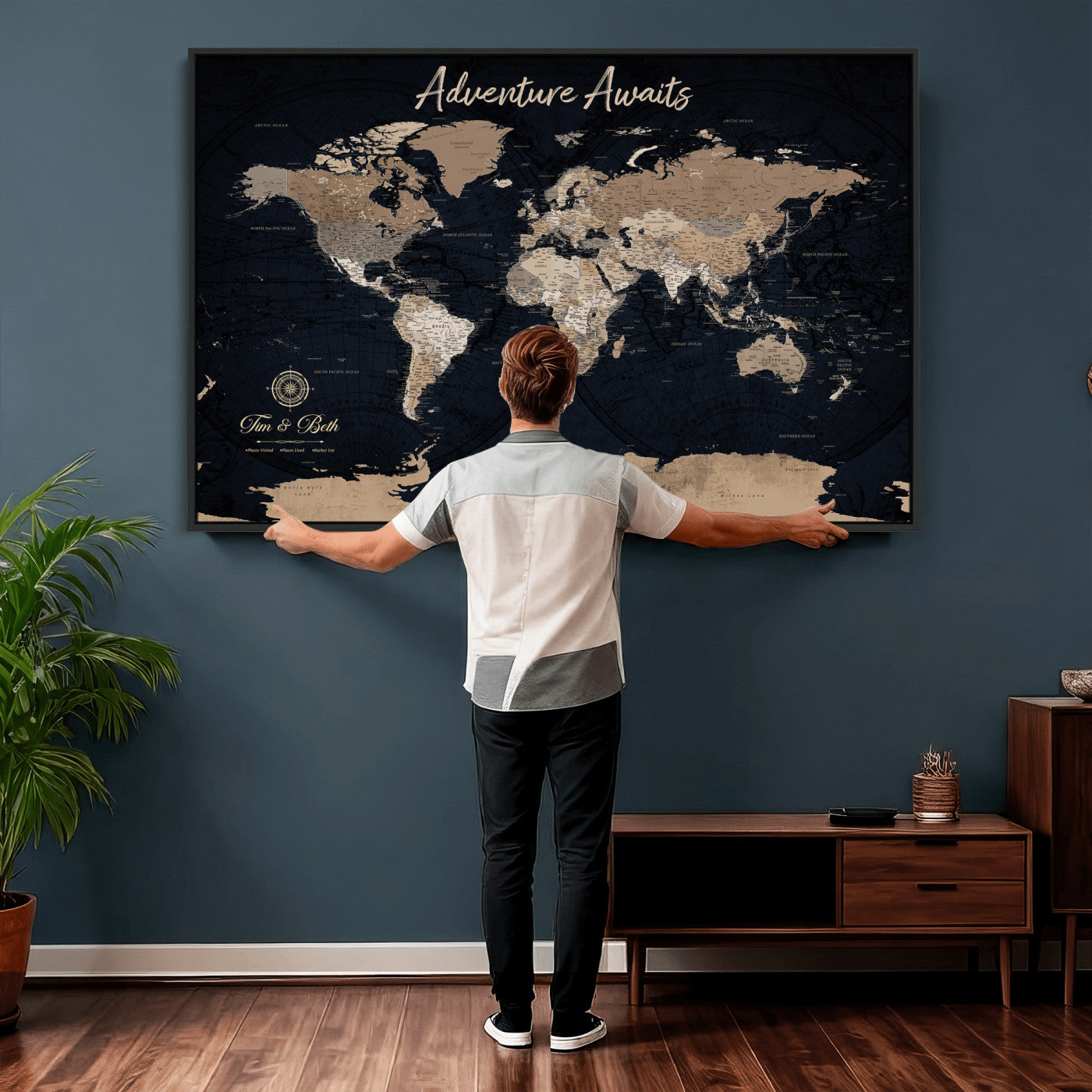 66938317-MGV-CV-36X24 - Custom Push Pin World Map Wall Art Canvas Print – Personalized Travel Tracker with Pins Framed Large for Home and Office Decor