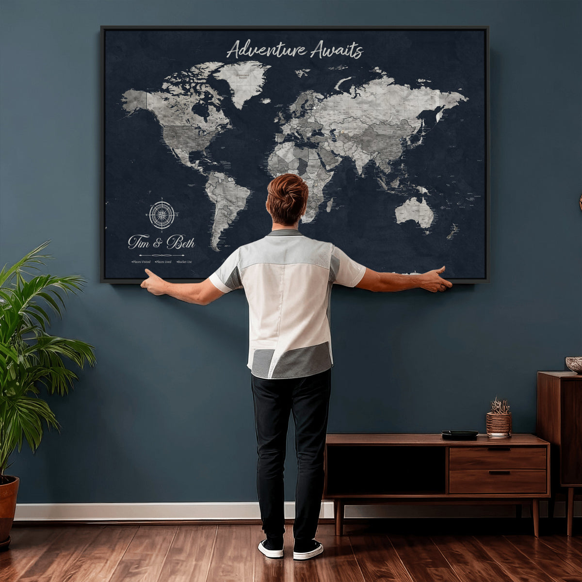 32031089-MGV-CV-36X24 - Custom Push Pin World Map Wall Art Canvas Print | Personalized Travel Tracker with Pins Framed Large for Home and Office Decor