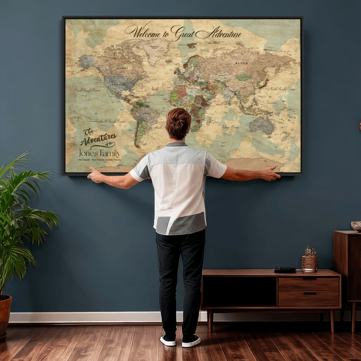 38092909-MGV-CV-36X24 - Personalized Framed Navy Vintage Push Pin World Map Wall Art, Places Visited Tracker, Bedroom and Hallway Decor