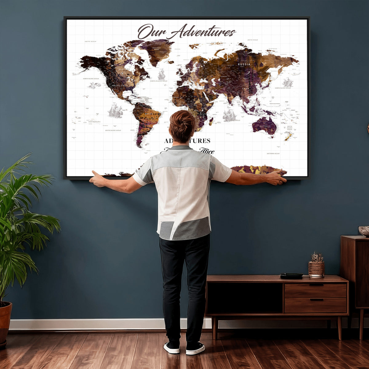 95729279-MGV-CV-36X24 - Personalized Framed Beige Vintage Push Pin Travel Map Canvas Print, Next Trip Planner Map, Home Office and Entryway Decor