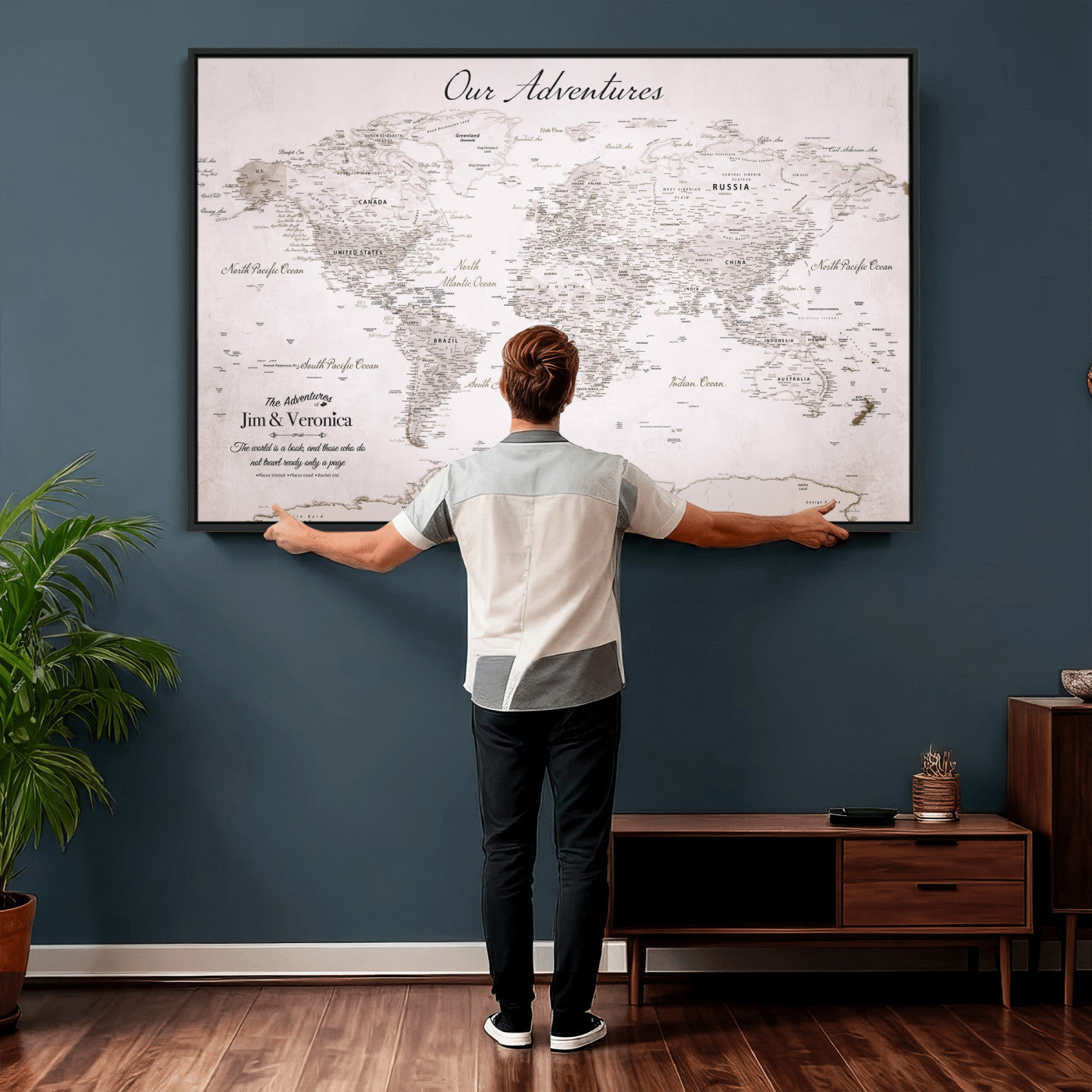 62392749-MGV-CV-36X24 - Custom Push Pin World Map Wall Art Canvas Print – Personalized Travel Tracker with Pins Framed Large for Home and Office Decor