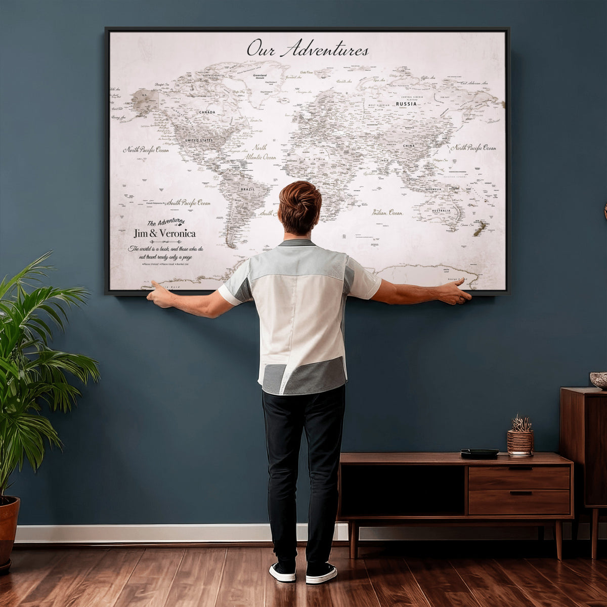 62392749-MGV-CV-36X24 - Personalized Beige Vintage World Travel Map Wall Art with Pins, Honeymoon and Anniversary Gift, Entryway and Hallway Decor
