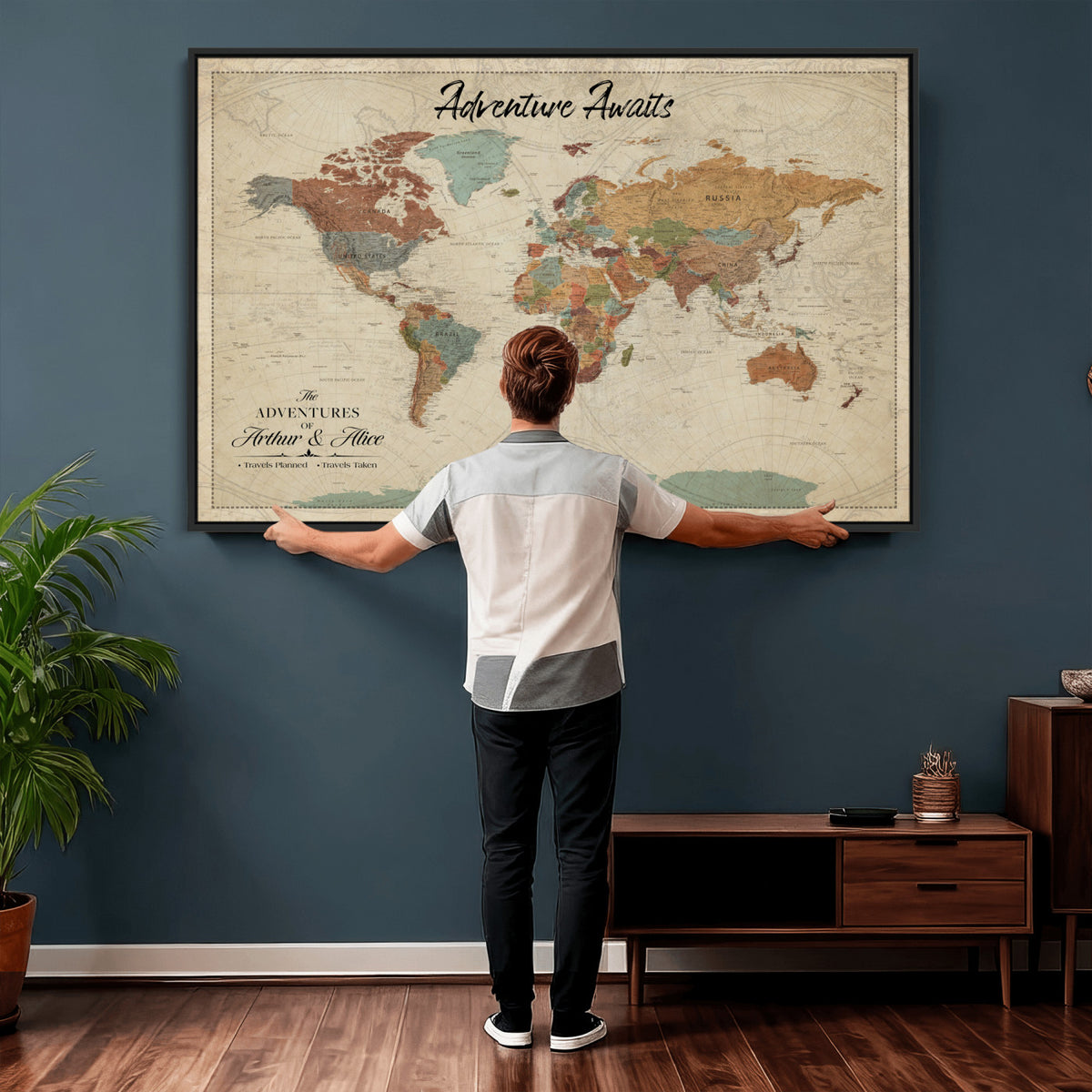 10741176-MGV-CV-36X24 - Custom Push Pin World Map Wall Art Canvas Print | Personalized Travel Tracker with Pins Framed Large for Home and Office Decor