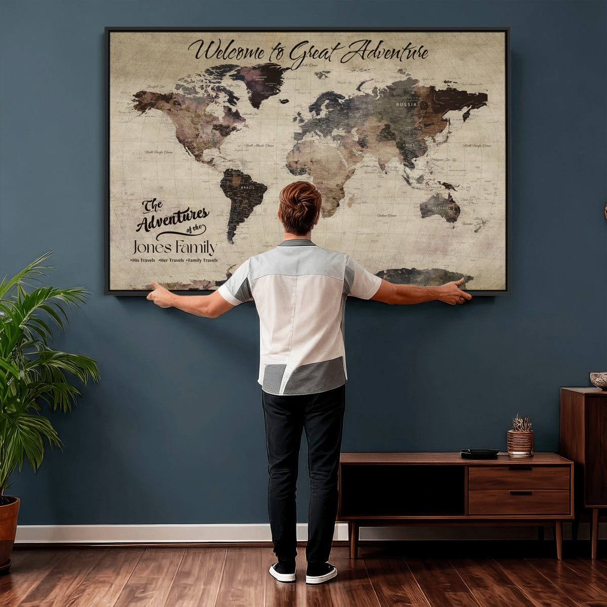 25688366-MGV-CV-36X24 - Custom Push Pin World Map Wall Art Canvas Print | Personalized Travel Tracker with Pins Framed Large for Home and Office Decor