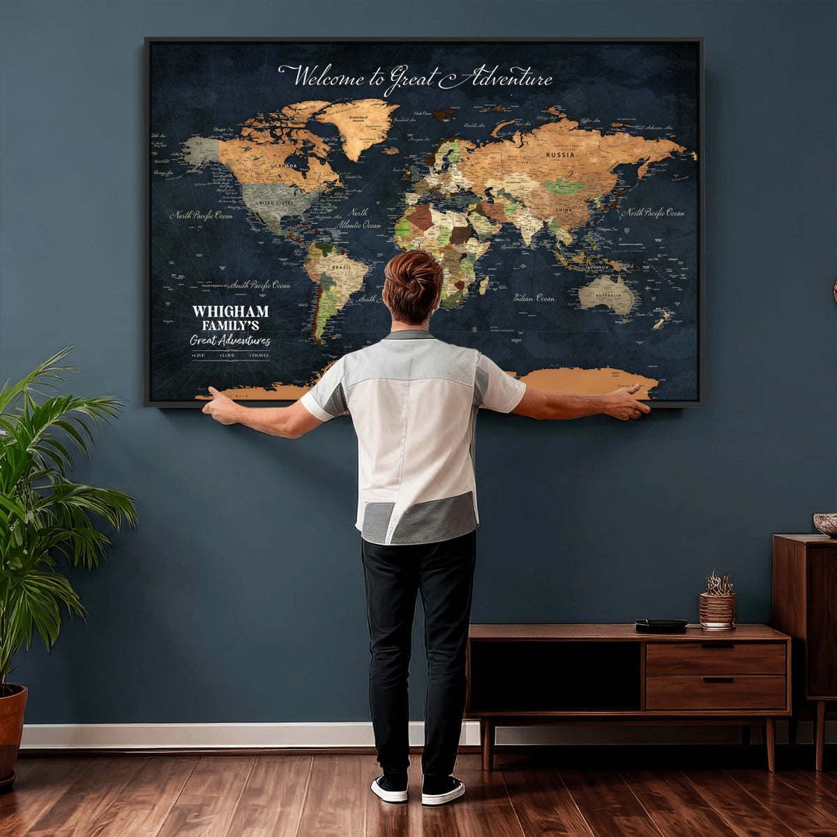 66788995-MGV-CV-36X24 - Custom Push Pin World Map Wall Art Canvas Print | Personalized Travel Tracker with Pins Framed Large for Home and Office Decor