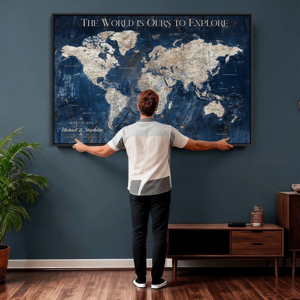 76965912-MGV-CV-36X24 - Custom Push Pin World Map Wall Art Canvas Print – Personalized Travel Tracker with Pins Framed Large for Home and Office Decor