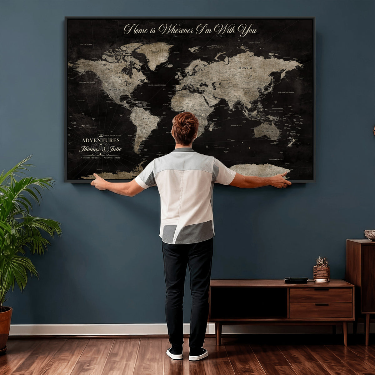 28461537-MGV-CV-36X24 - Personalized Framed Black Geometric World Map Canvas with Push Pins, Bucket List Map, Living Room and Dining Room Decor