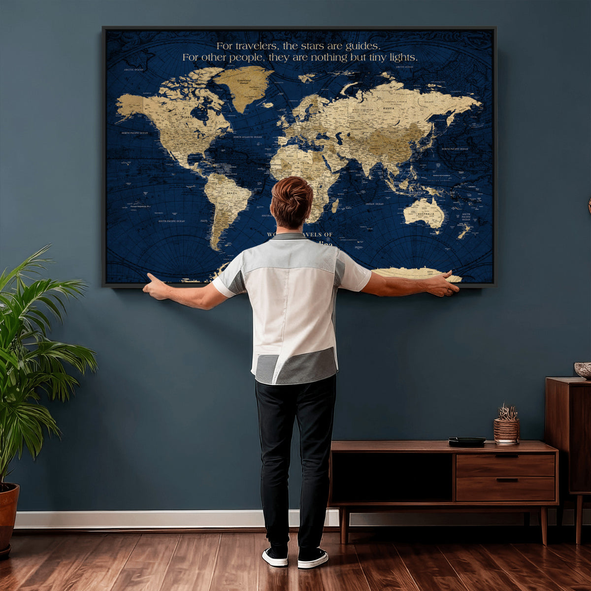 71667510-MGV-CV-36X24 - Custom Push Pin World Map Wall Art Canvas Print | Personalized Travel Tracker with Pins Framed Large for Home and Office Decor