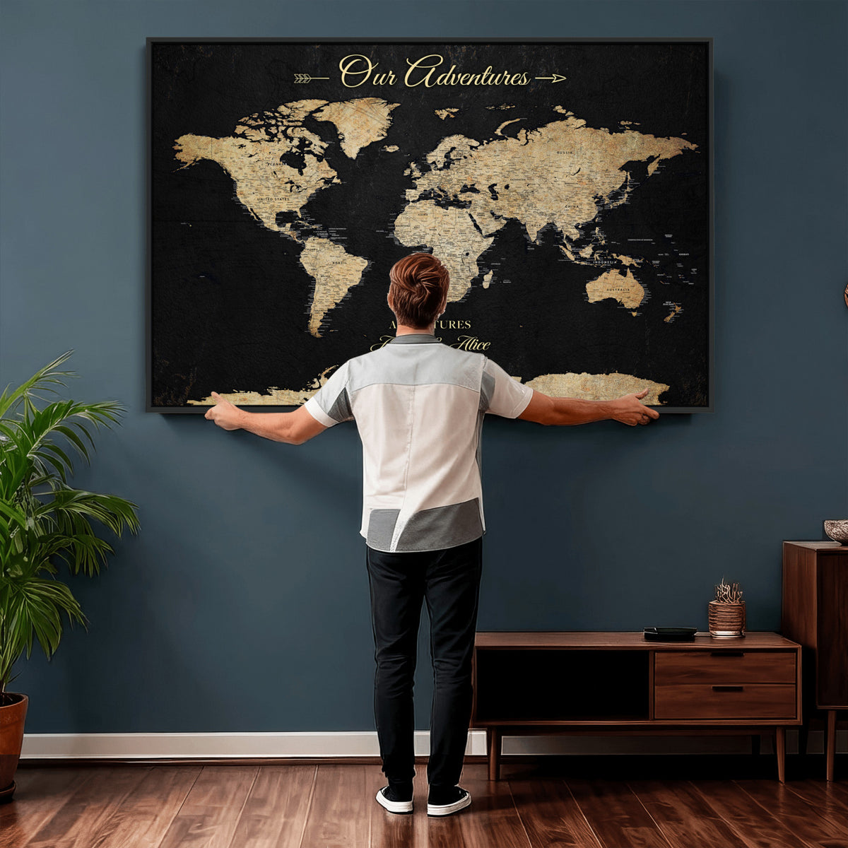 54638998-MGV-CV-36X24 - Custom Push Pin World Map Wall Art Canvas Print | Personalized Travel Tracker with Pins Framed Large for Home and Office Decor