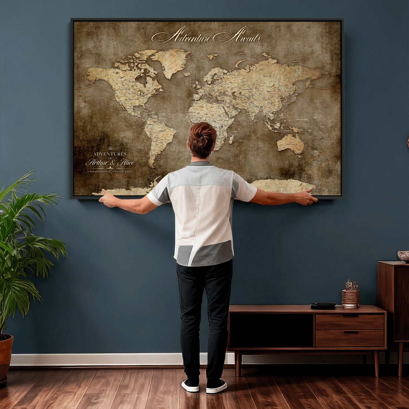 61836190-MGV-CV-36X24 - Custom Push Pin World Map Wall Art Canvas Print – Personalized Travel Tracker with Pins Framed Large for Home and Office Decor