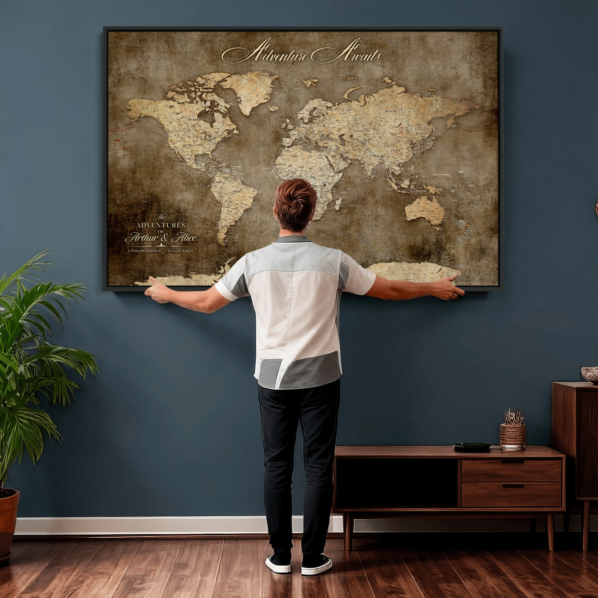 61836190-MGV-CV-36X24 - Custom Push Pin World Map Wall Art Canvas Print | Personalized Travel Tracker with Pins Framed Large for Home and Office Decor