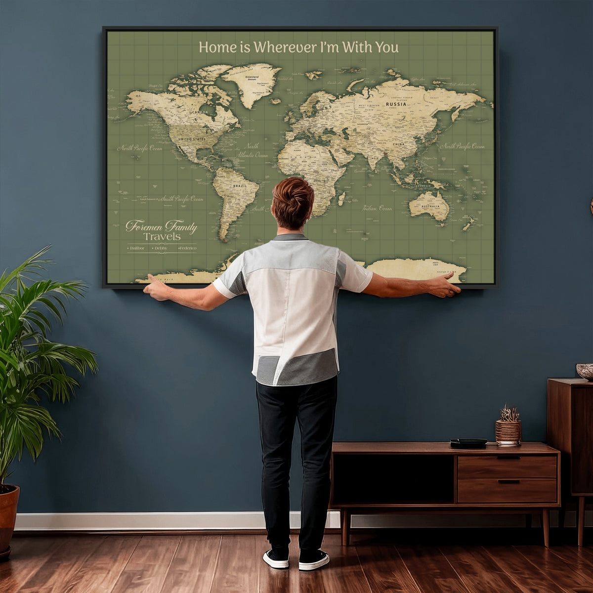 88521244-MGV-CV-36X24 - Custom Push Pin World Map Wall Art Canvas Print | Personalized Travel Tracker with Pins Framed Large for Home and Office Decor