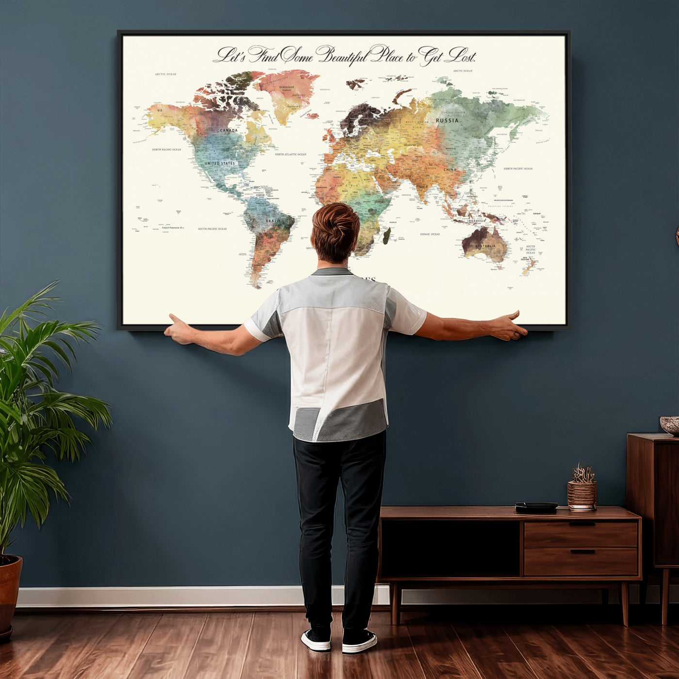 73360781-MGV-CV-36X24 - Custom Push Pin World Map Wall Art Canvas Print – Personalized Travel Tracker with Pins Framed Large for Home and Office Decor