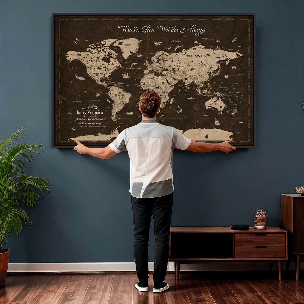 20091587-MGV-CV-36X24 - Custom Push Pin World Map Wall Art Canvas Print | Personalized Travel Tracker with Pins Framed Large for Home and Office Decor