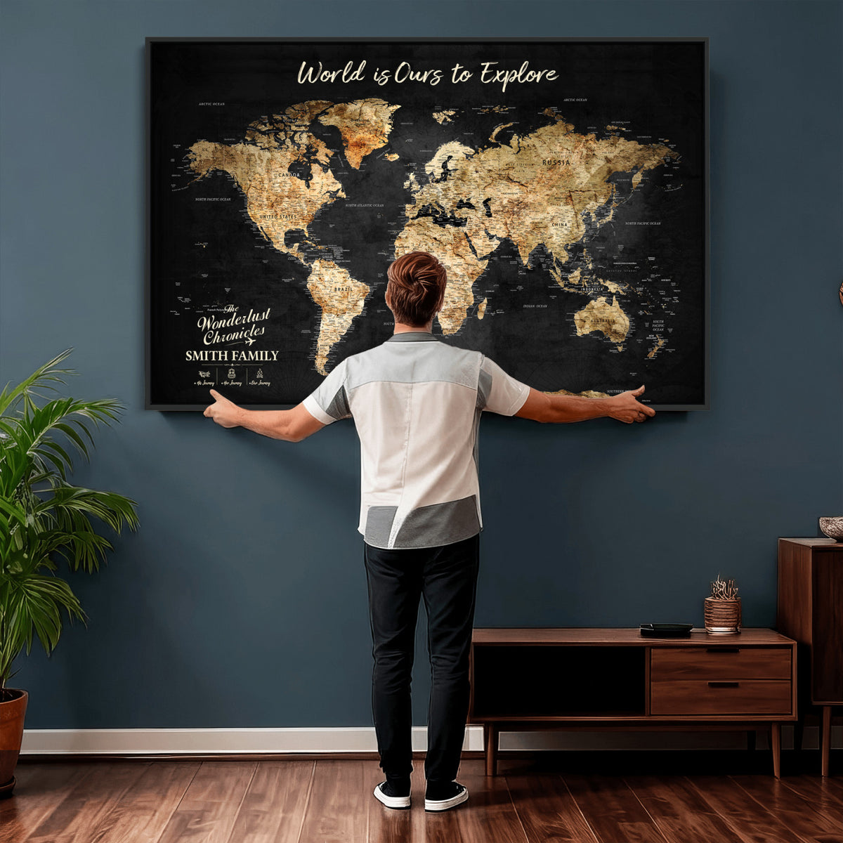 73732636-MGV-CV-36X24 - Custom Push Pin World Map Wall Art Canvas Print – Personalized Travel Tracker with Pins Framed Large for Home and Office Decor