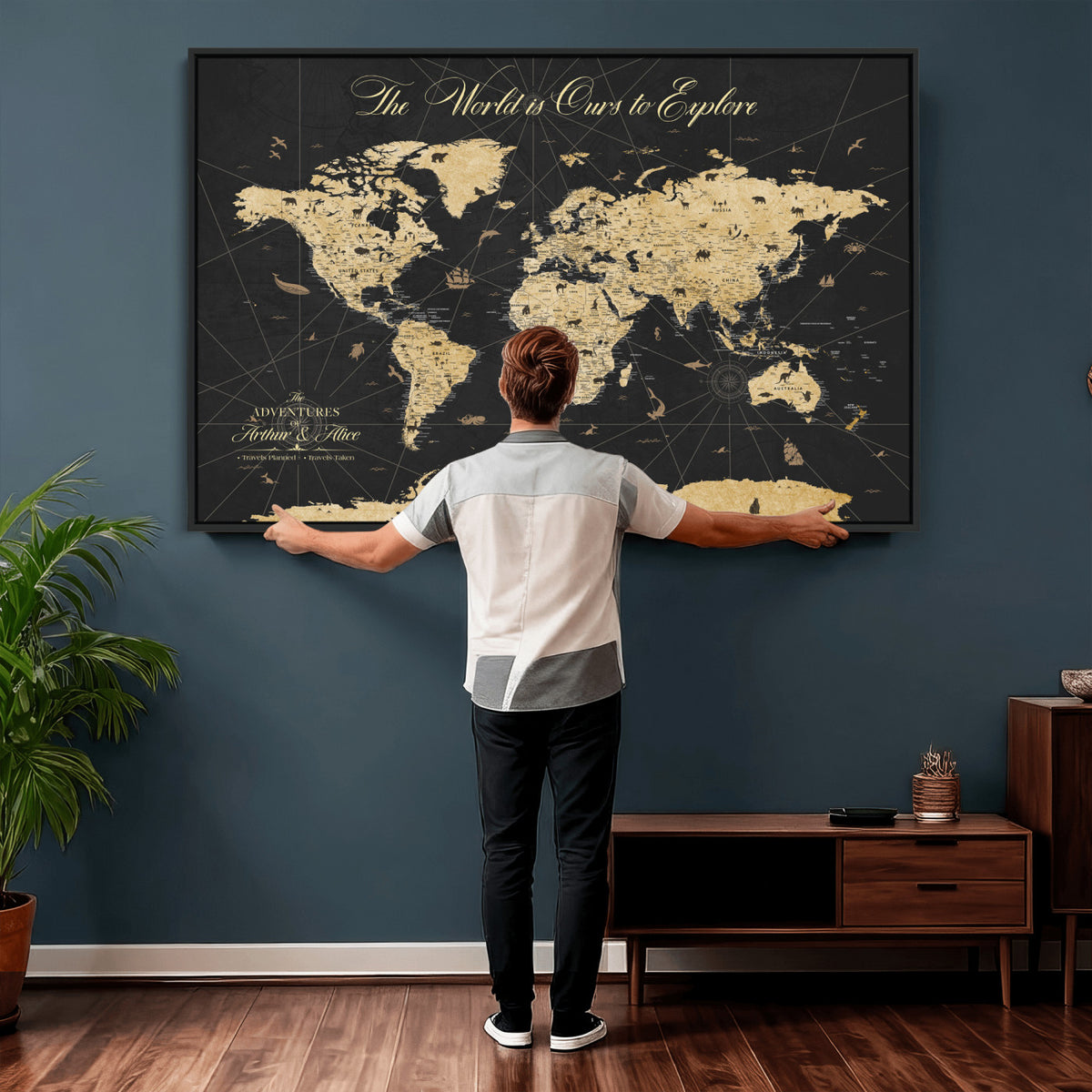 54097664-MGV-CV-36X24 - Custom Push Pin World Map Canvas Print, Couples Countries Visited Map, Living Room and Home Office Decor