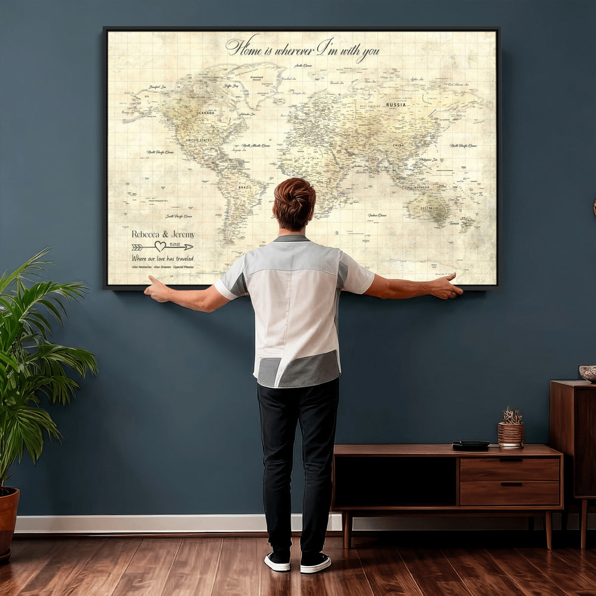 30705590-MGV-CV-36X24 - Custom Push Pin World Map Wall Art Canvas Print | Personalized Travel Tracker with Pins Framed Large for Home and Office Decor