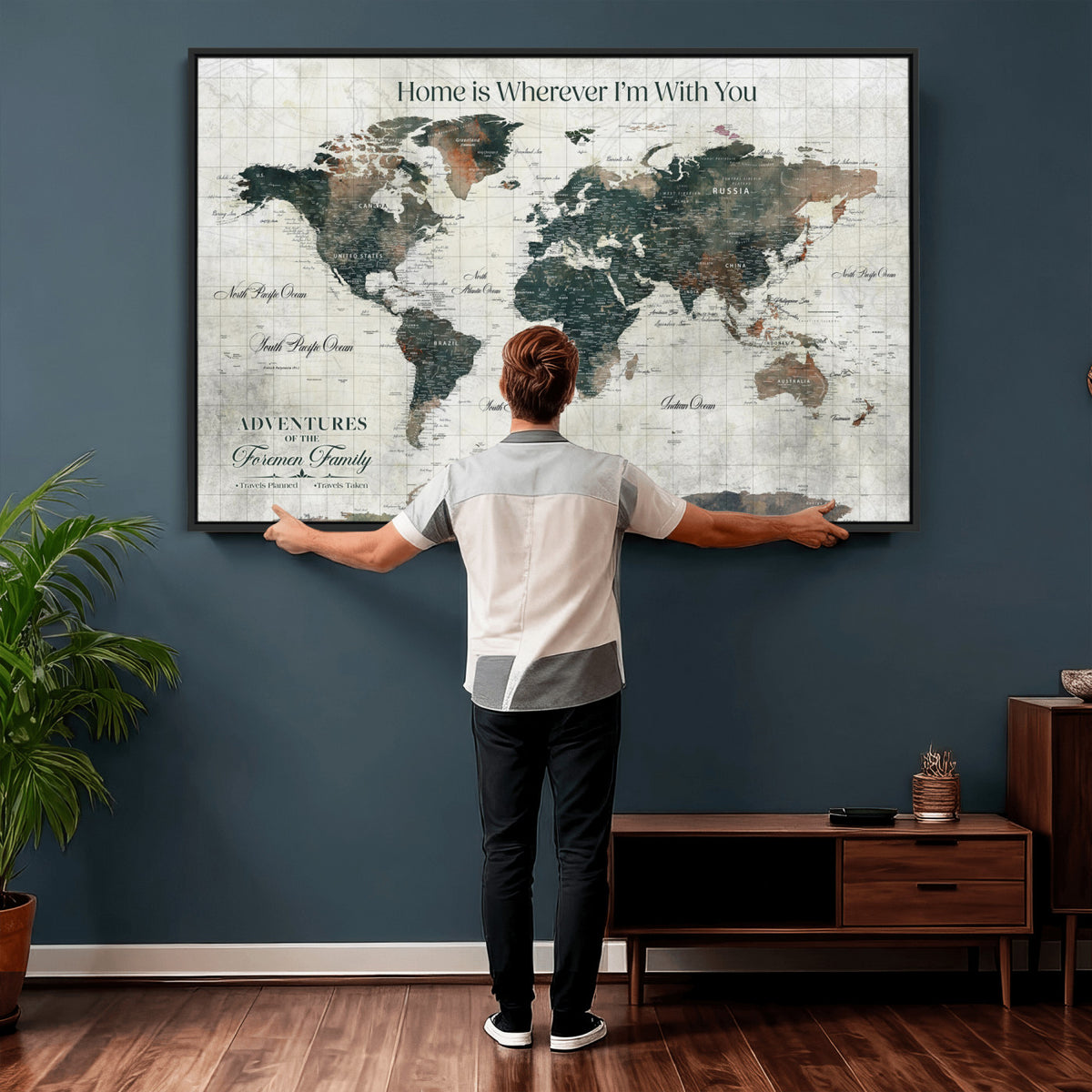 98050124-MGV-CV-36X24 - Personalized Beige Modern Push Pin Travel Map Canvas Print, Couples Countries Visited Map, Dining Room and Bedroom Decor