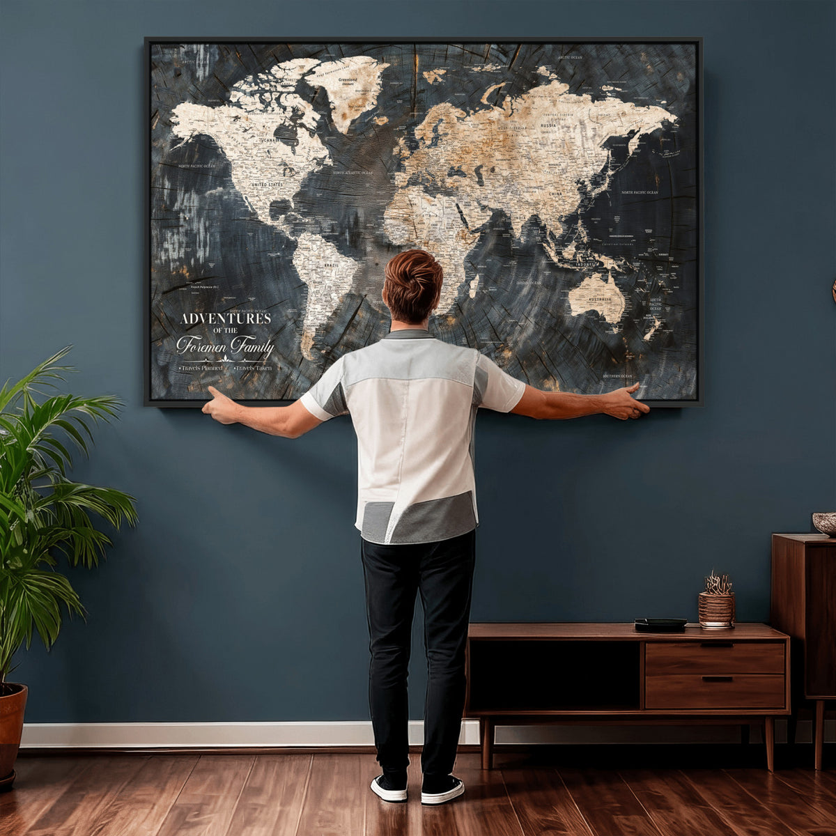 77865338-MGV-CV-36X24 - Personalized Framed Beige Push Pin World Map Canvas Print, Bucket List Map, Living Room and Hallway Decor