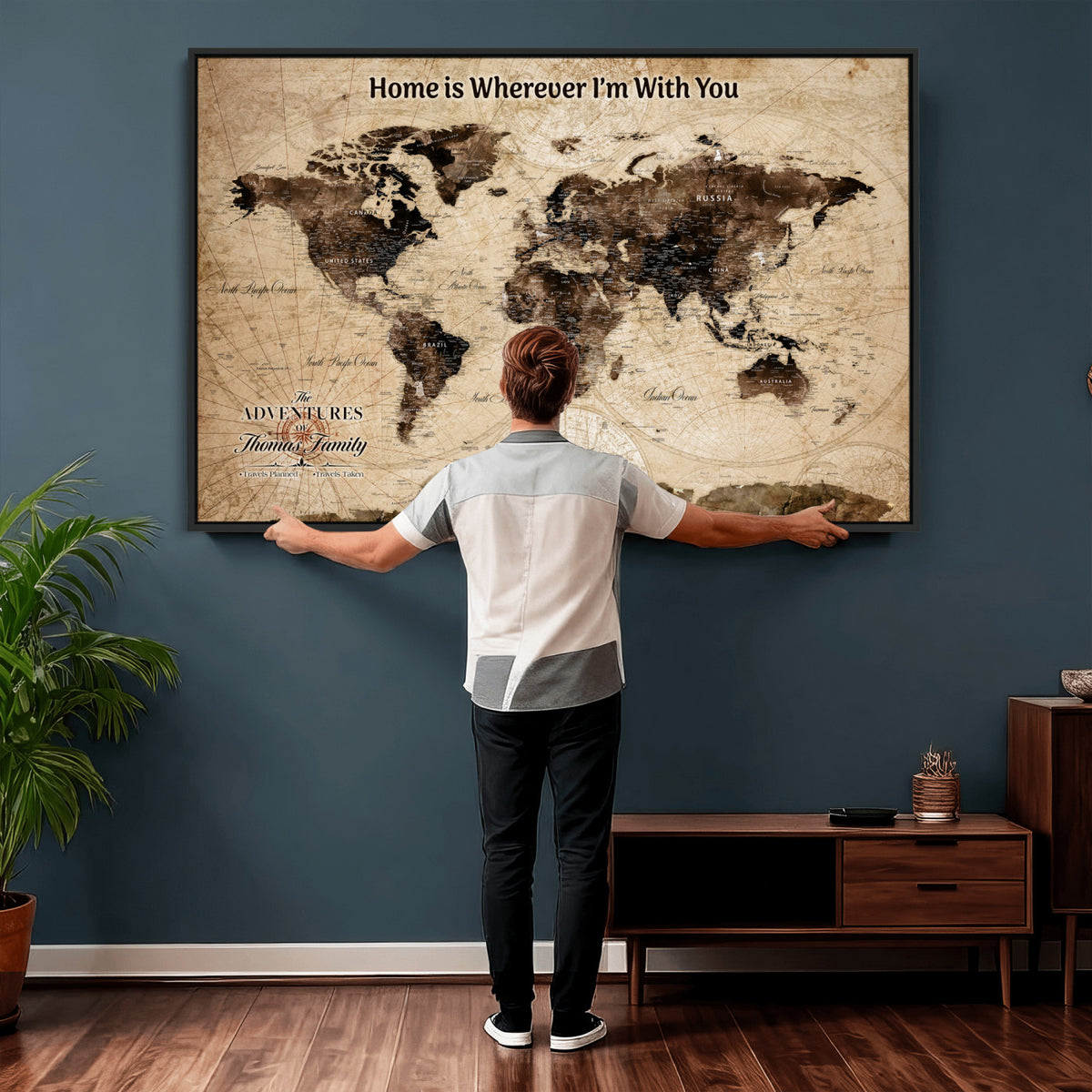 74771891-MGV-CV-36X24 - Personalized Framed Beige Modern World Travel Map Wall Art with Pins, Family Adventure Map, Living Room and Hallway Decor