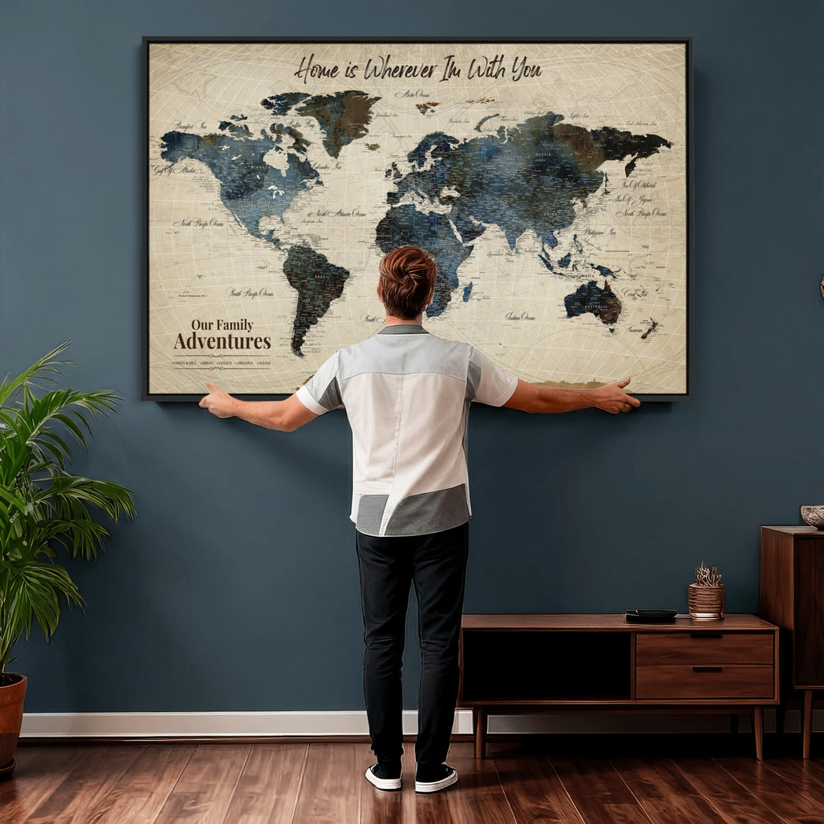 51383535-MGV-CV-36X24 - Personalized Framed Black Modern Push Pin Travel Map Canvas Print, Family Travel Tracker, Home Office and Entryway Decor