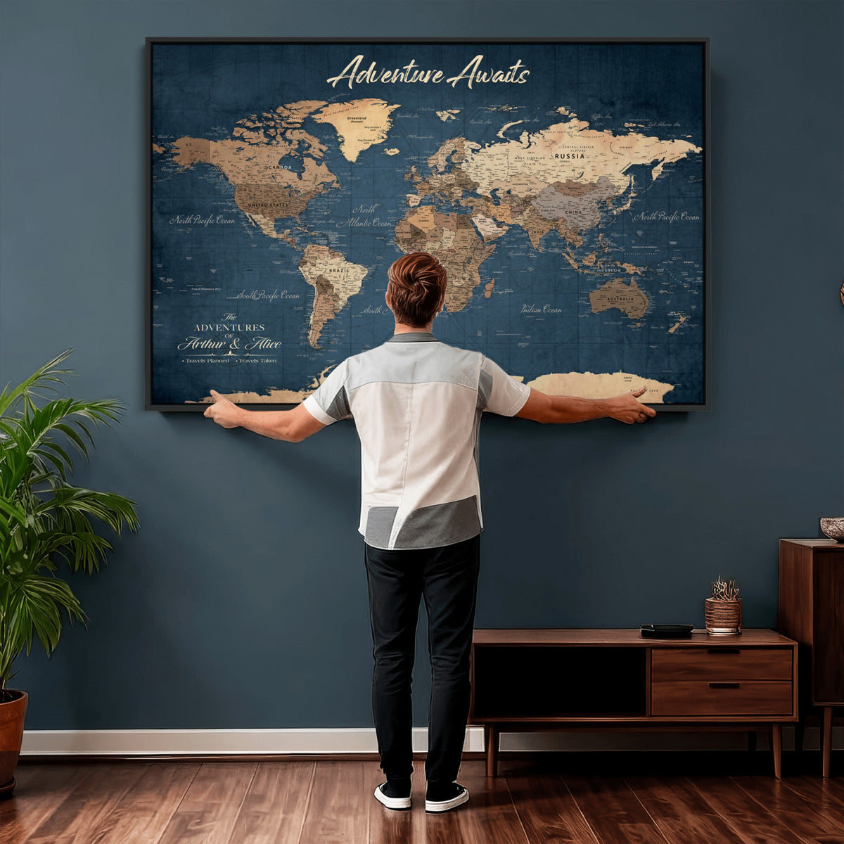 64110391-MGV-CV-36X24 - Personalized White Vintage World Travel Map Wall Art with Pins, Next Trip Planner Map, Family Room and Dining Room Decor