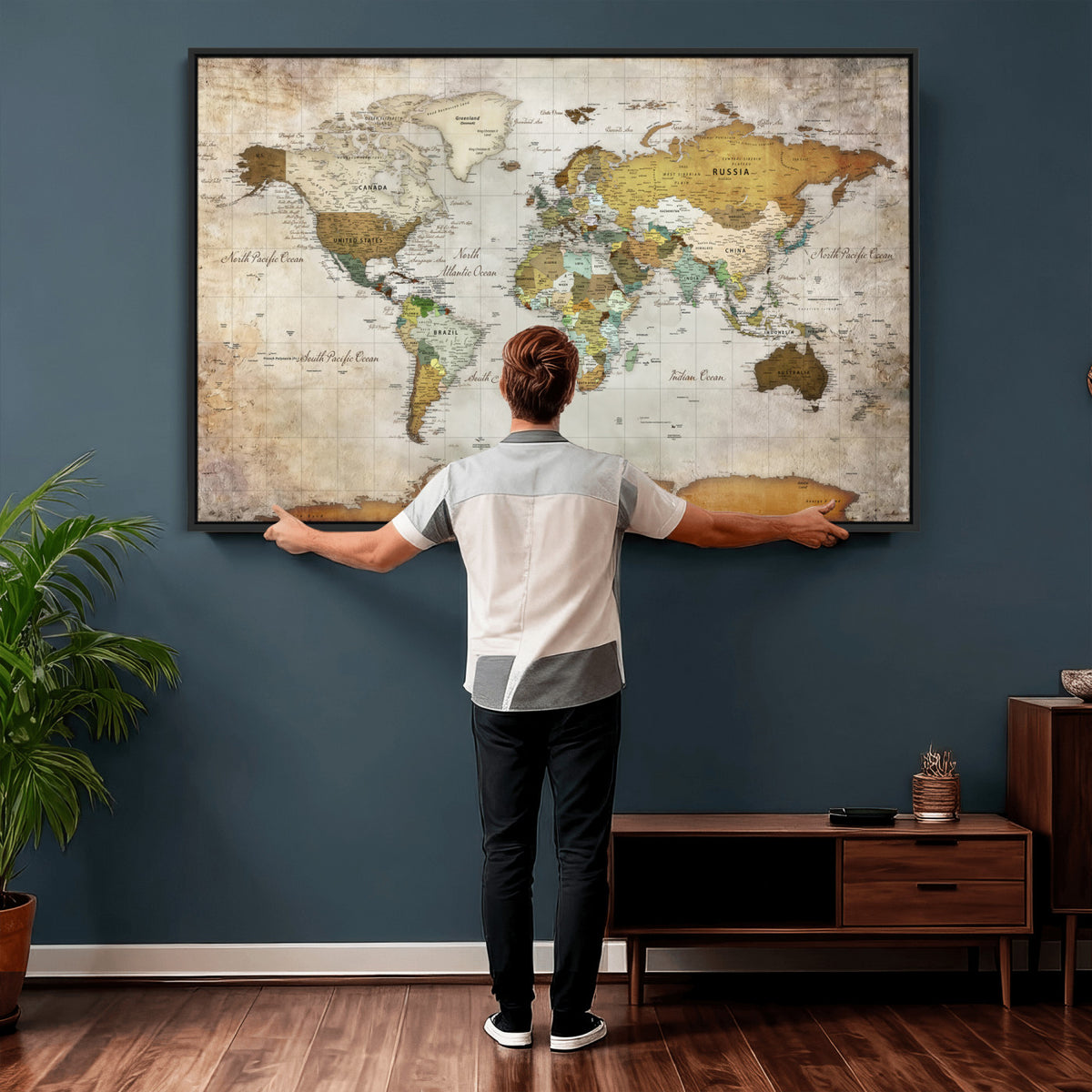 86108417-MGV-CV-36X24 - World Map Wall Art Canvas Print, Modern Decorative Framed Map Artwork Prints for Living Room, Office, Bedroom Wall Decor