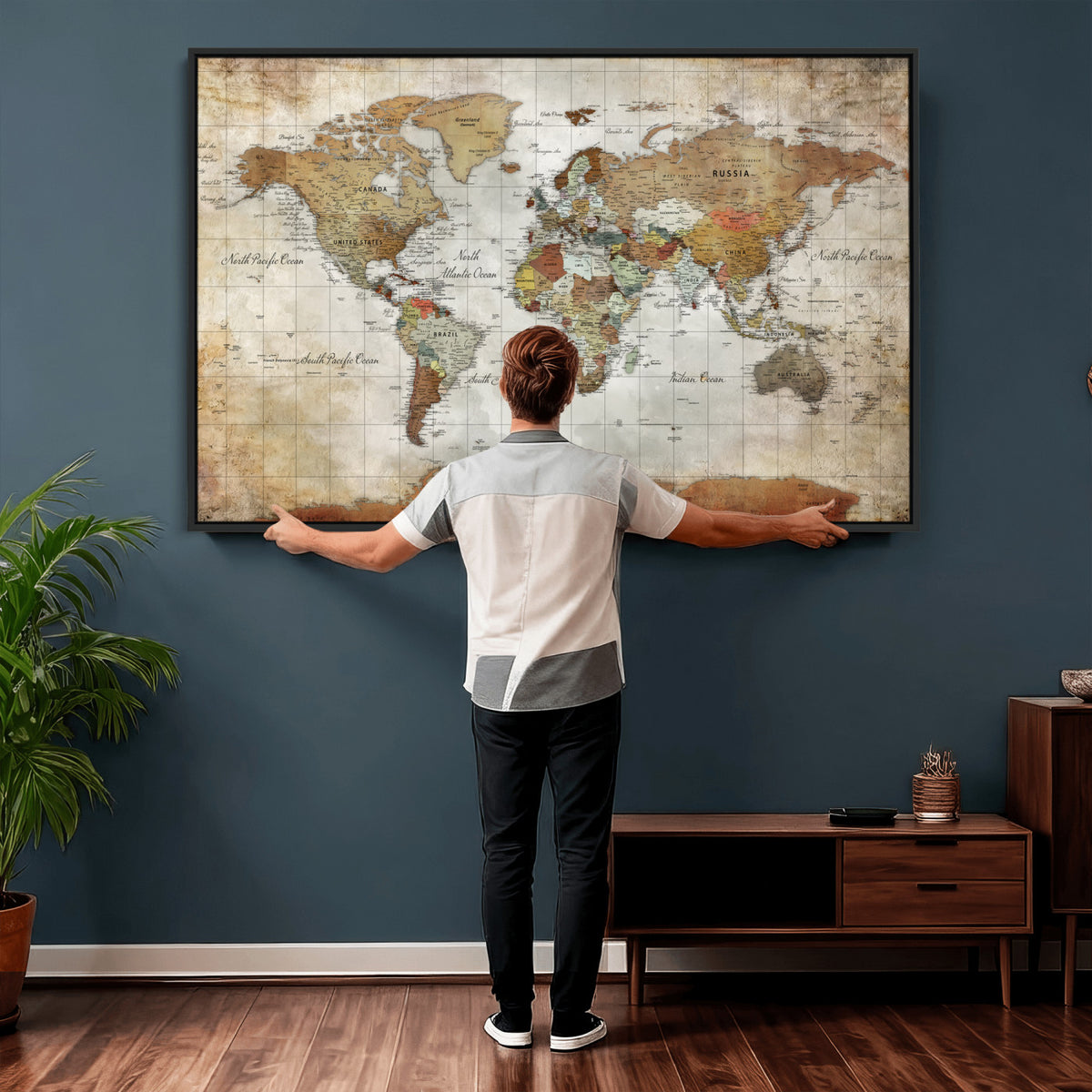 19855445-MGV-CV-36X24 - Custom Framed Modern Push Pin World Map Wall Art, Places Visited Tracker, Home Office and Entryway Decor
