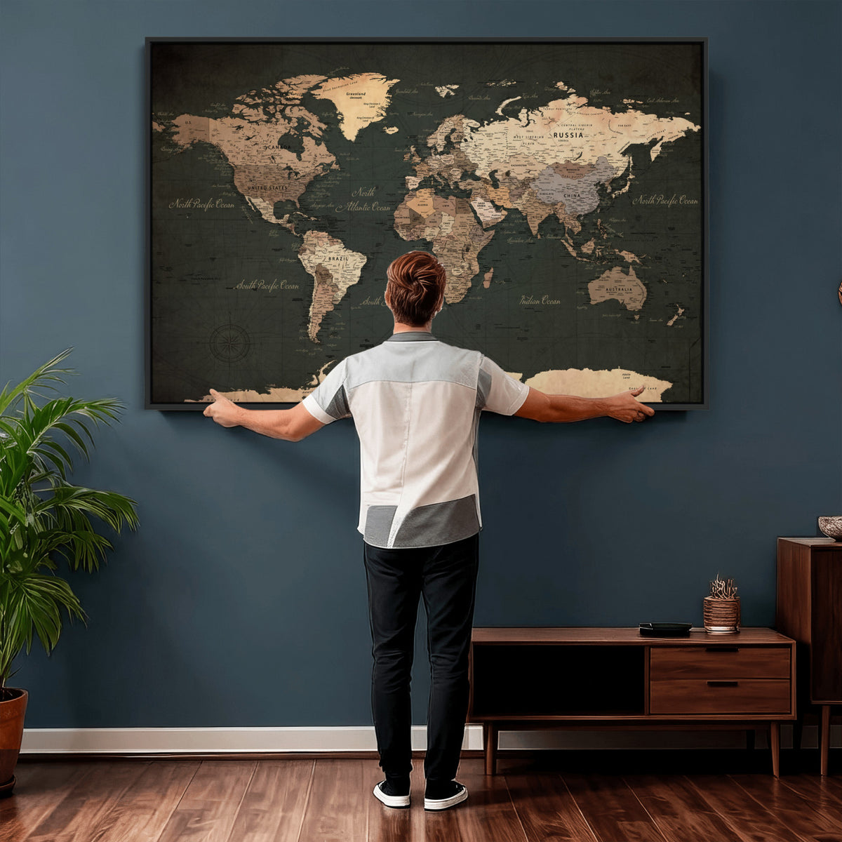 62059333-MGV-CV-36X24 - World Map Wall Art Canvas Print, Modern Decorative Framed Map Artwork Prints for Living Room, Office, Bedroom Wall Decor