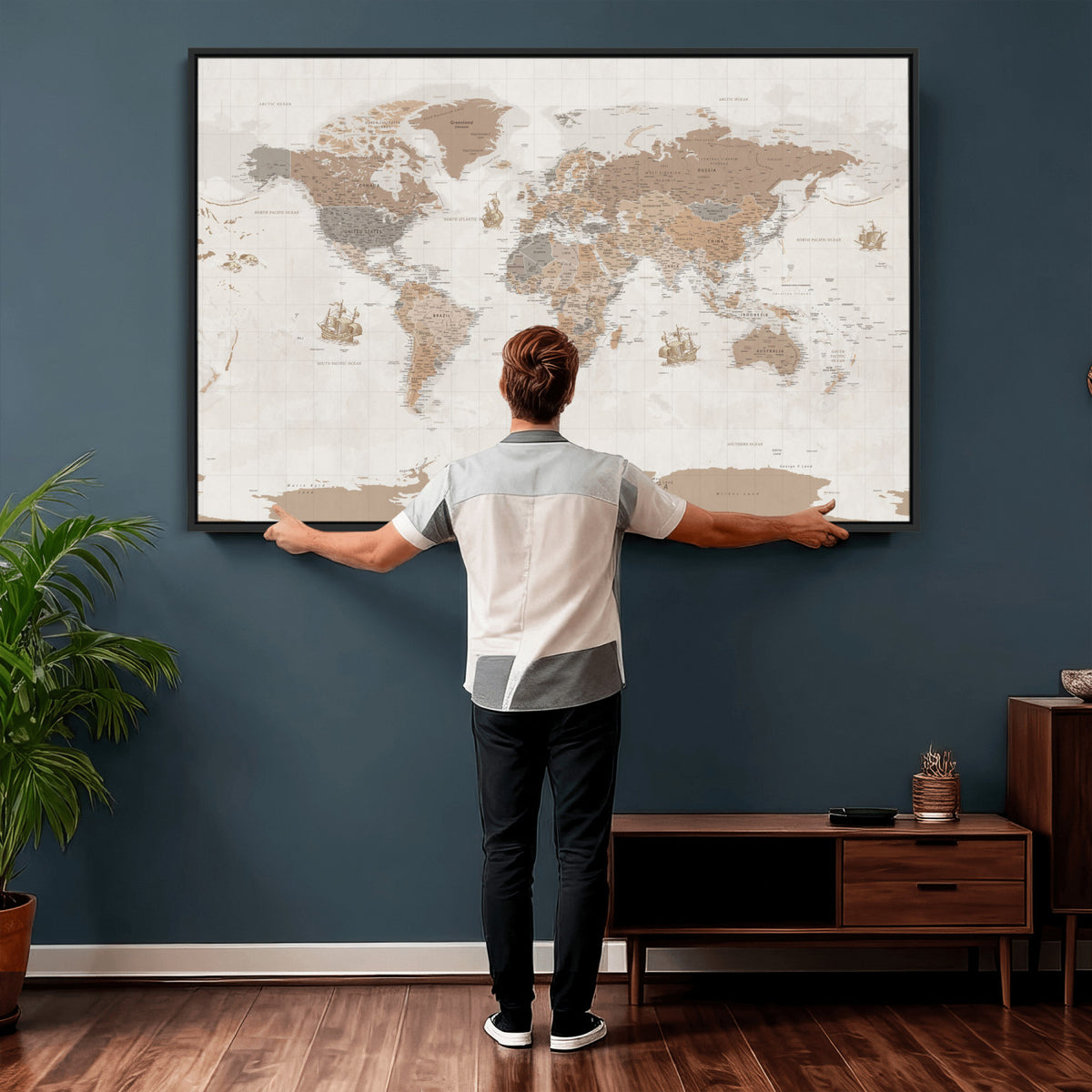 85057279-MGV-CV-36X24 - Framed Large World Map Canvas Print for Office Decor