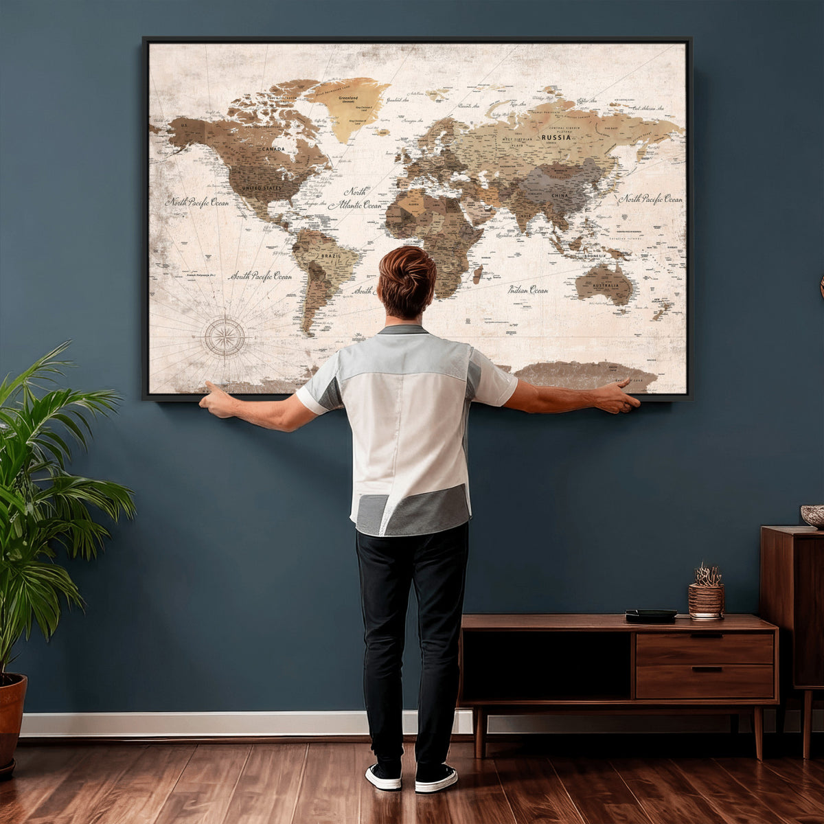 38923639-MGV-CV-36X24 - World Map Wall Art Canvas Print, Modern Decorative Framed Map Artwork Prints for Living Room, Office, Bedroom Wall Decor