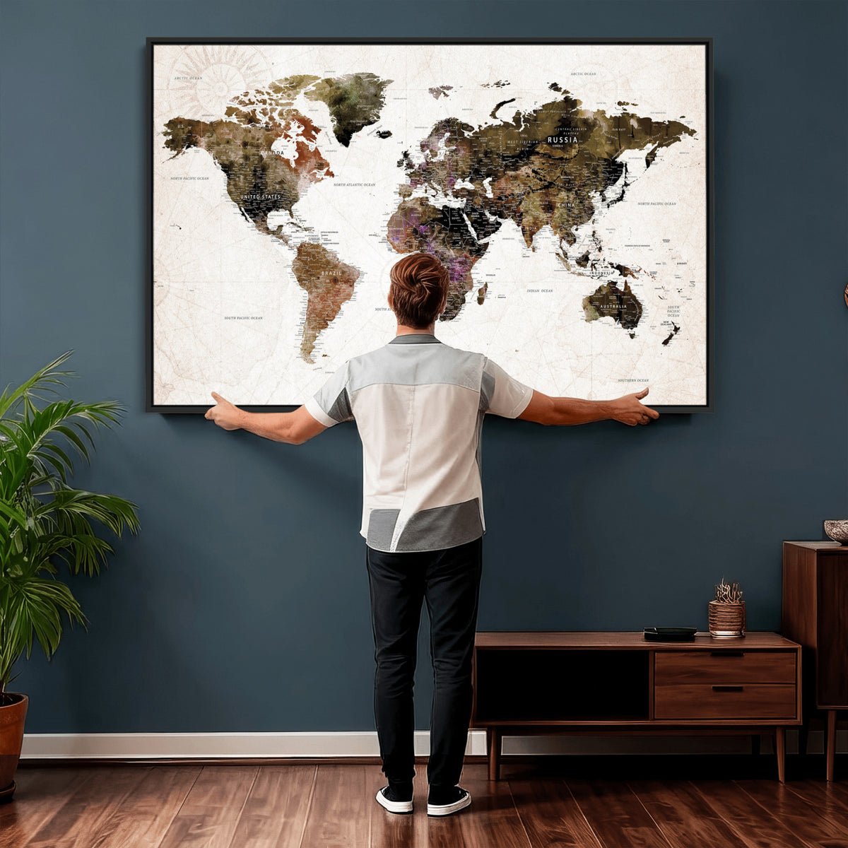 77651968-MGV-CV-36X24 - Watercolor World Map Print - Large Wall Art Canvas Print for