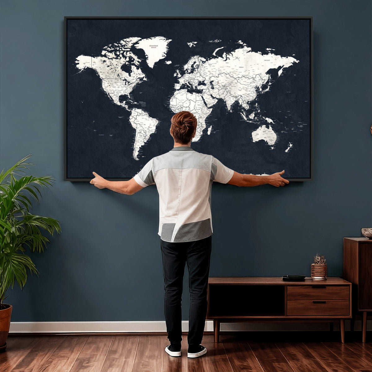 11963807-MGV-CV-36X24 - Black World Map Wall Art Canvas Print for Home Office and Meeting Room Decor