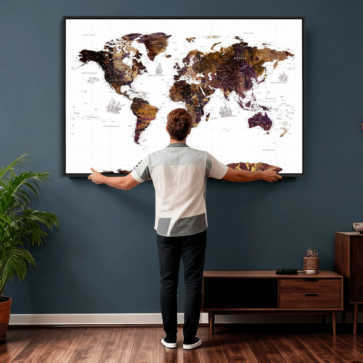 34792695-MGV-CV-36X24 - Rustic World Map Wall Art Canvas Print | Large Vintage Blue World Map on Wood Grain Style Background