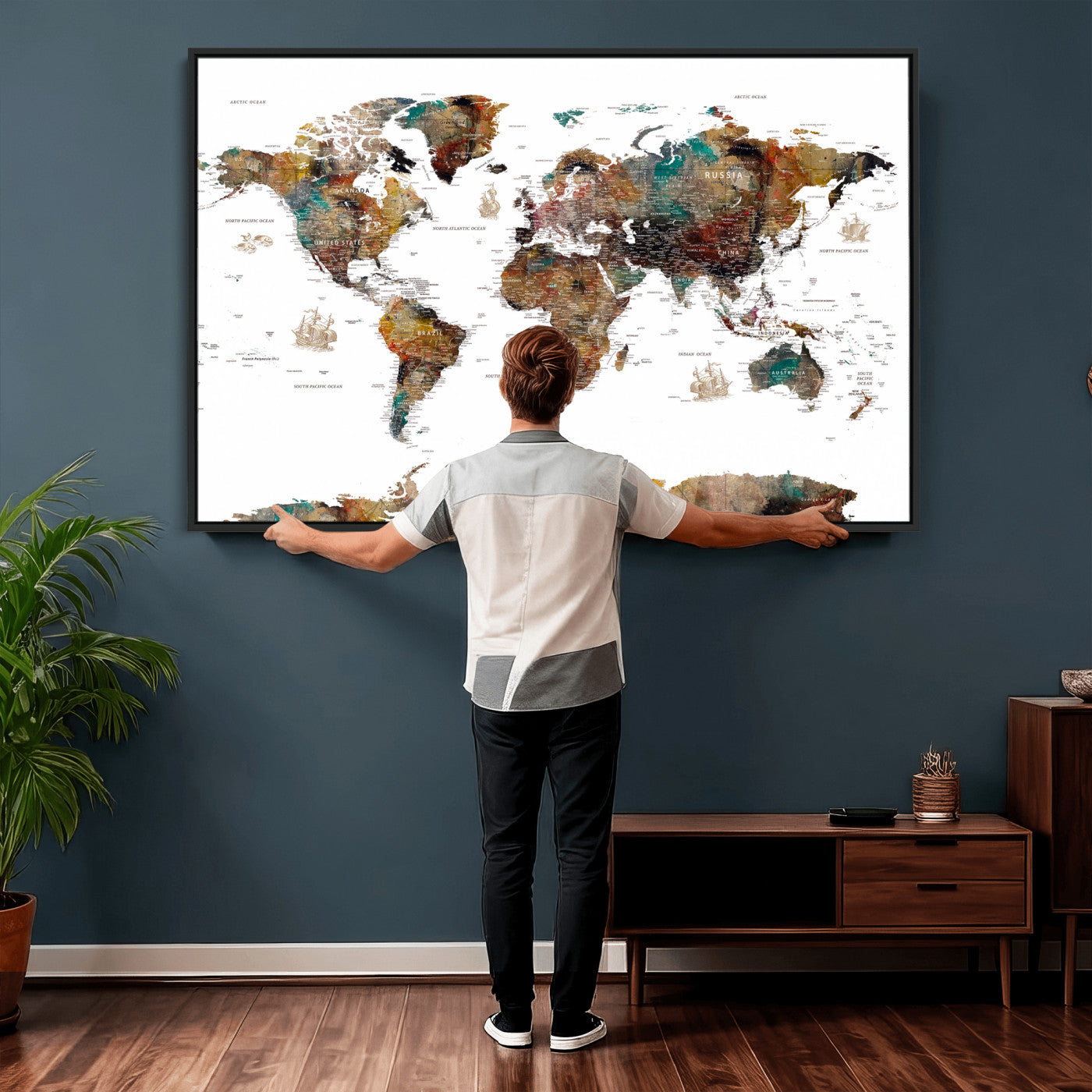 82293175-MGV-CV-36X24 - World Map Wall Art Canvas Print, Modern Decorative Framed Map Artwork Prints for Living Room, Office, Bedroom Wall Decor