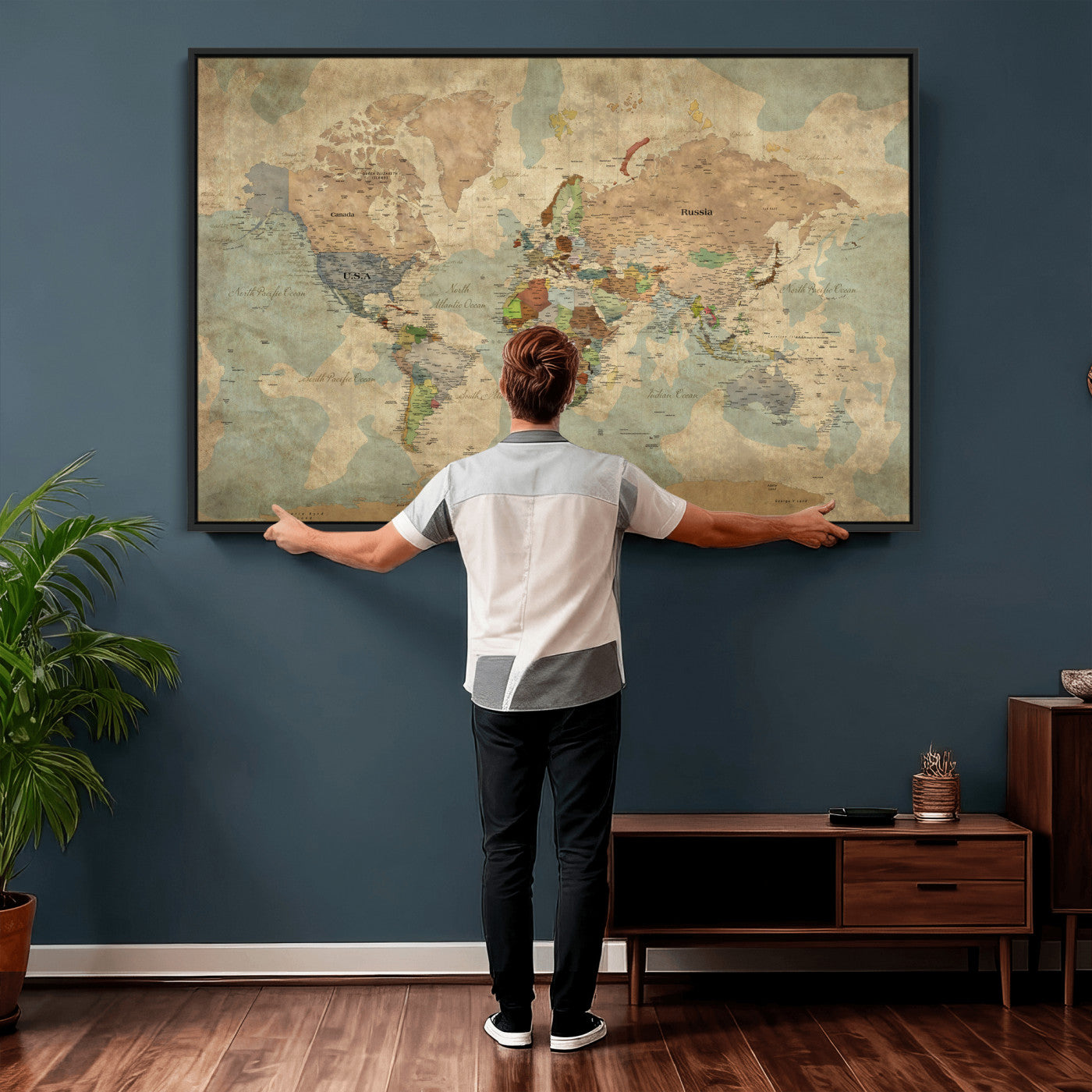 31492148-MGV-CV-36X24 - World Map Wall Art Canvas Print, Modern Decorative Framed Map Artwork Prints for Living Room, Office, Bedroom Wall Decor