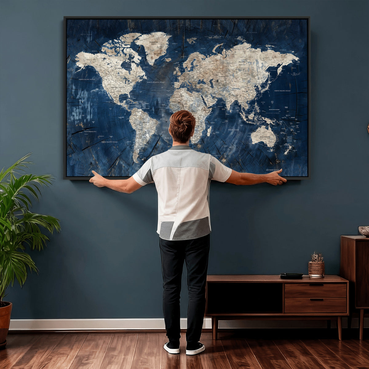 56126010-MGV-CV-36X24 - Large Blue World Map Wall Art Canvas Print for Home Office