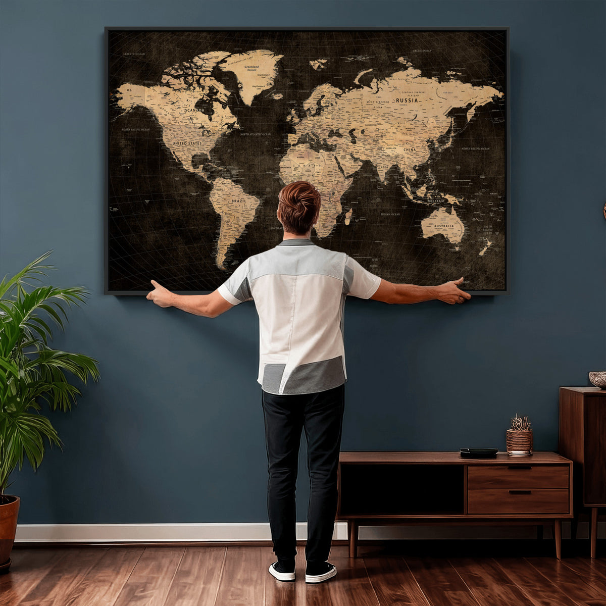 15118265-MGV-CV-36X24 - Brown World Map Canvas Print | Modern Travel Map Wall Art