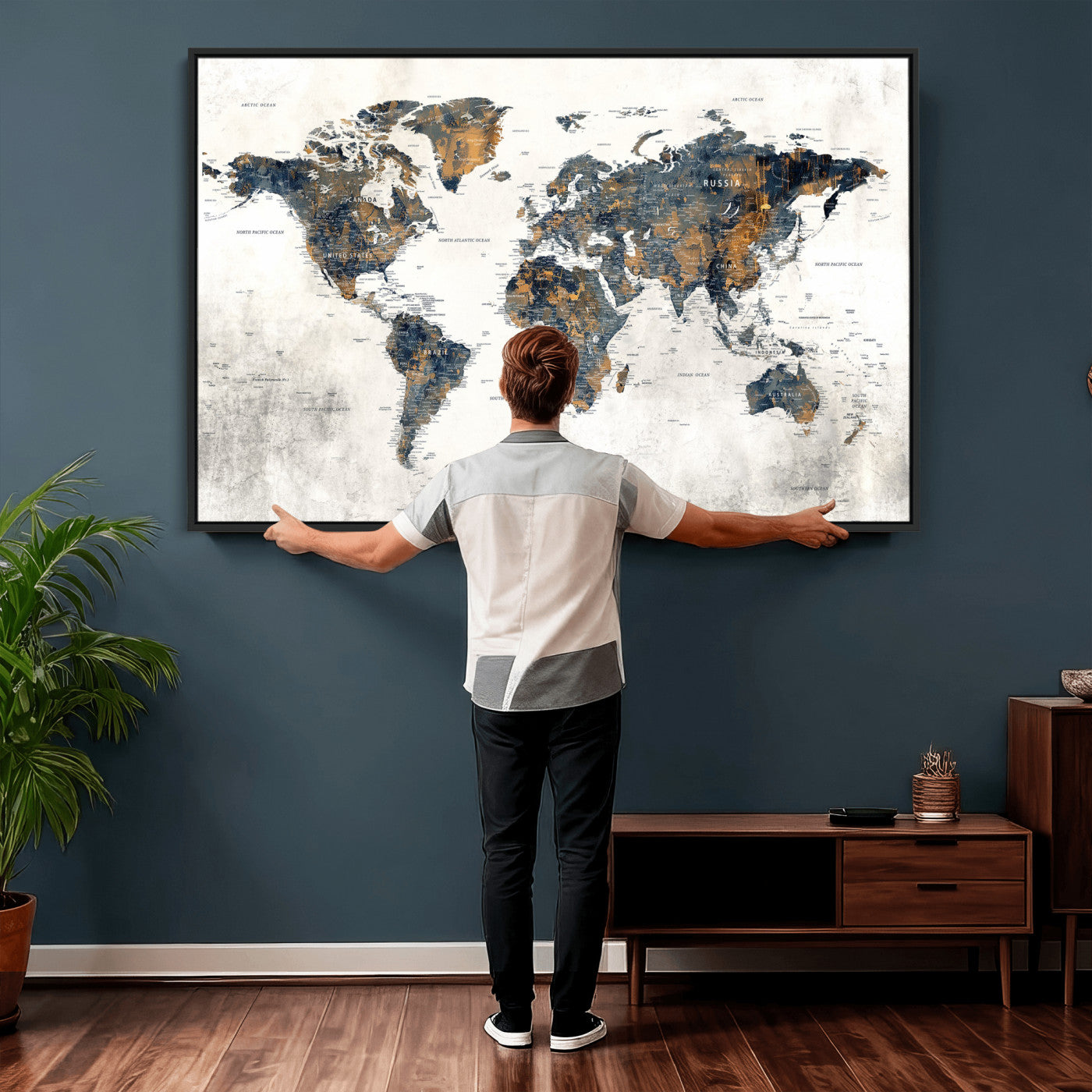 52451147-MGV-CV-36X24 - World Map Wall Art Canvas Print, Modern Decorative Framed Map Artwork Prints for Living Room, Office, Bedroom Wall Decor