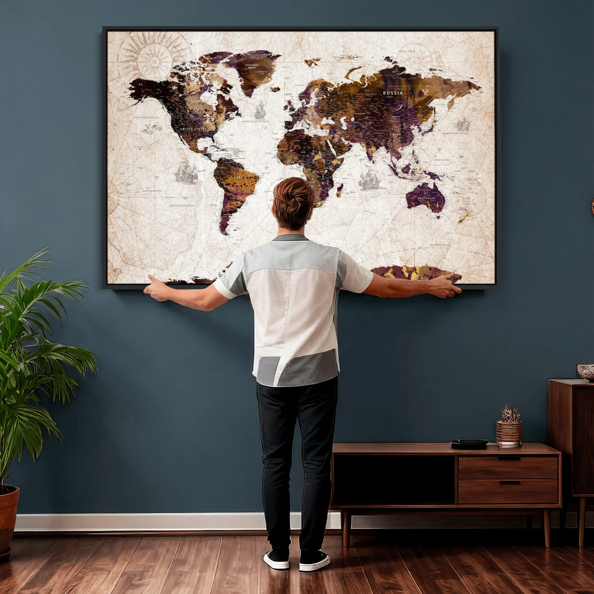53400857-MGV-CV-36X24 - Blue Watercolor World Map Canvas Print – Framed Modern Wall
