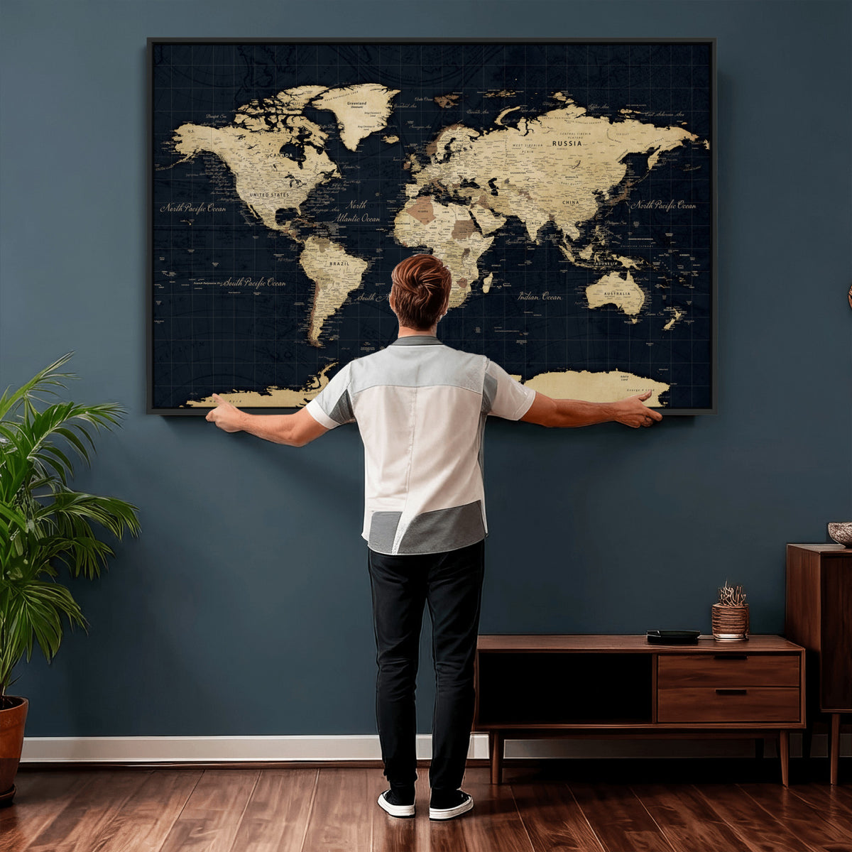 45063434-MGV-CV-36X24 - Dark World Map Canvas Wall Art Print, Minimal Black and Gold Map