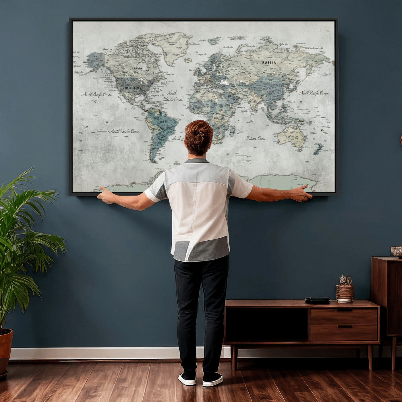 91132939-MGV-CV-36X24 - World Map Wall Art Canvas Print, Modern Decorative Framed Map Artwork Prints for Living Room, Office, Bedroom Wall Decor
