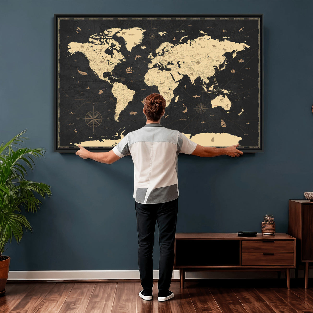 75220264-MGV-CV-36X24 - World Map Wall Art Canvas Print, Modern Decorative Framed Map Artwork Prints for Living Room, Office, Bedroom Wall Decor